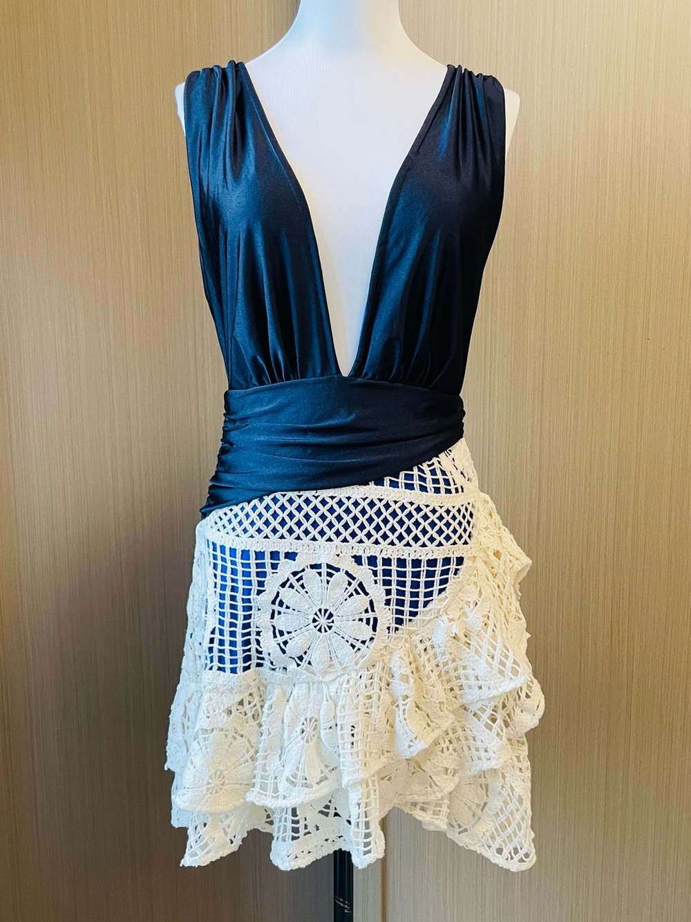 PatBO Black Deep V One-Piece Swimsuit with Cream Crochet Skirt Brand Sample